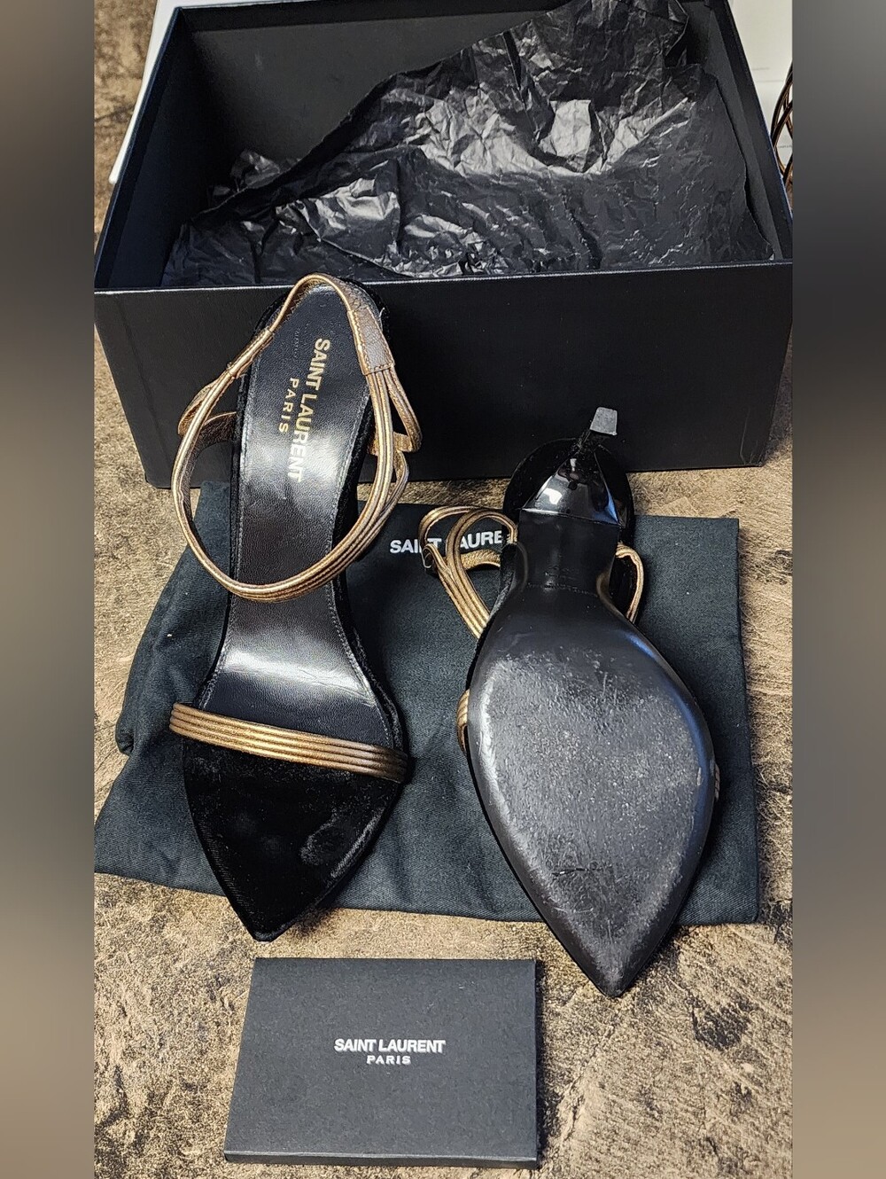 Saint Laurent Paris Black and Metallic Gold Slingback Sandals - Picture 4 of 8